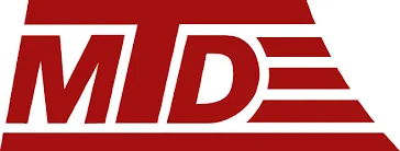 Logo MTD w czerwonym kolorze z dynamicznymi liniami symbolizującymi szybkość i moc