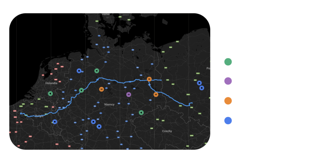 Interaktywna mapa z systemem GPS do ciężarówek, prezentująca śledzenie pojazdów i monitoring floty w czasie rzeczywistym – ecoTRUCK.