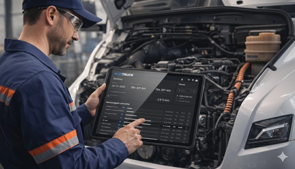 Mechanik stojący przy otwartej masce ciężarówki analizuje dane diagnostyczne pojazdu na tablecie z systemem ecoTRUCK.