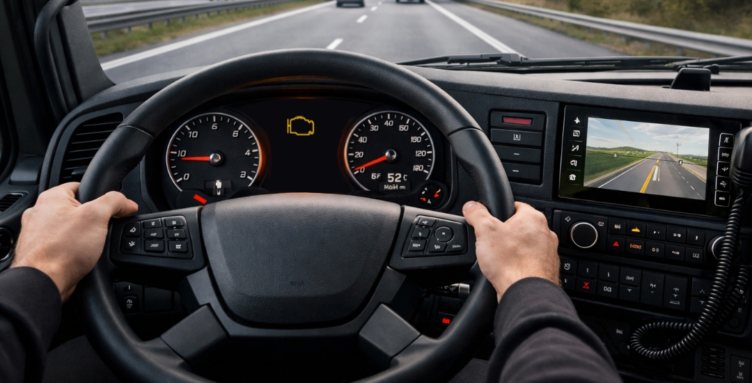 Zdjęcie wnętrza kabiny pojazdu ciężarowego – kierowca trzyma kierownicę, na desce rozdzielczej świeci się kontrolka silnika check engine.