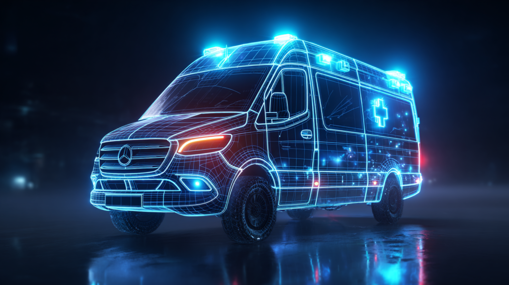 Futurystyczna ilustracja karetki w formie niebieskiego holograficznego wireframe, z podświetlonymi sygnałami i ciemnym tłem.