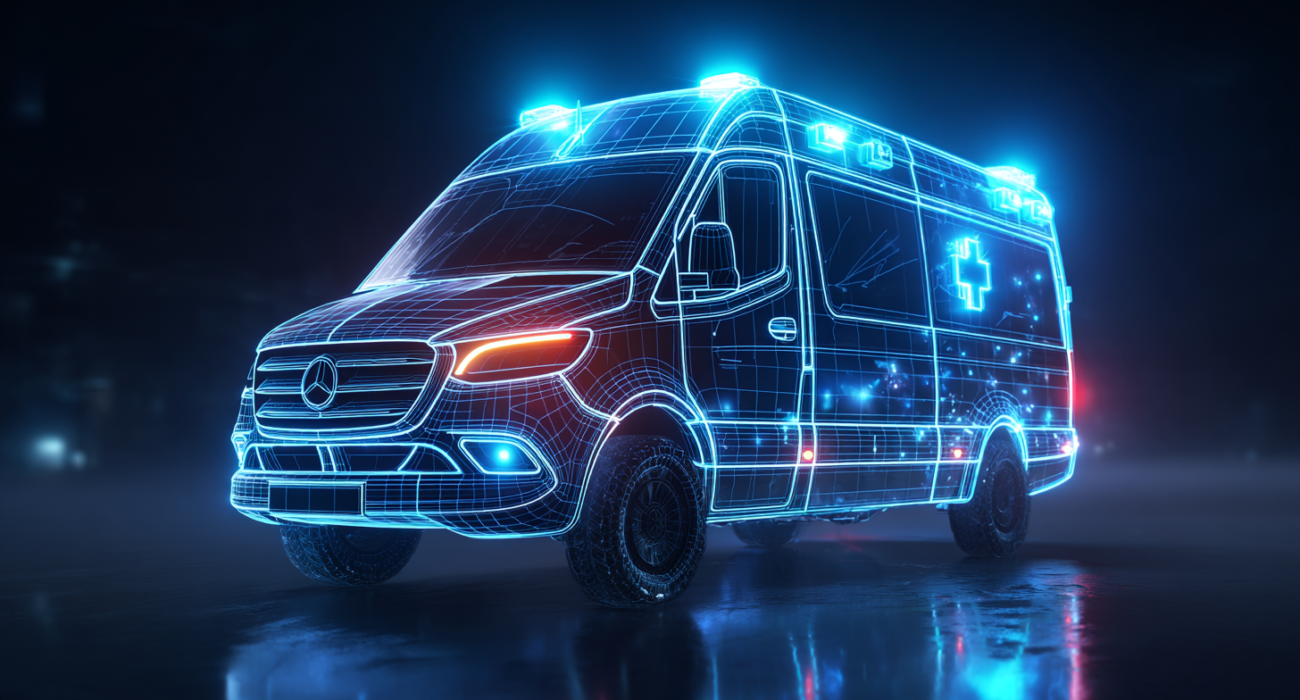 Futurystyczna ilustracja karetki w formie niebieskiego holograficznego wireframe, z podświetlonymi sygnałami i ciemnym tłem.