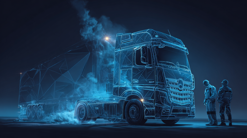 Holograficzna niebieska ilustracja europejskiej ciężarówki z awarią na trasie, z dwoma kierowcami stojącymi obok pojazdu i uniesionym dymem.