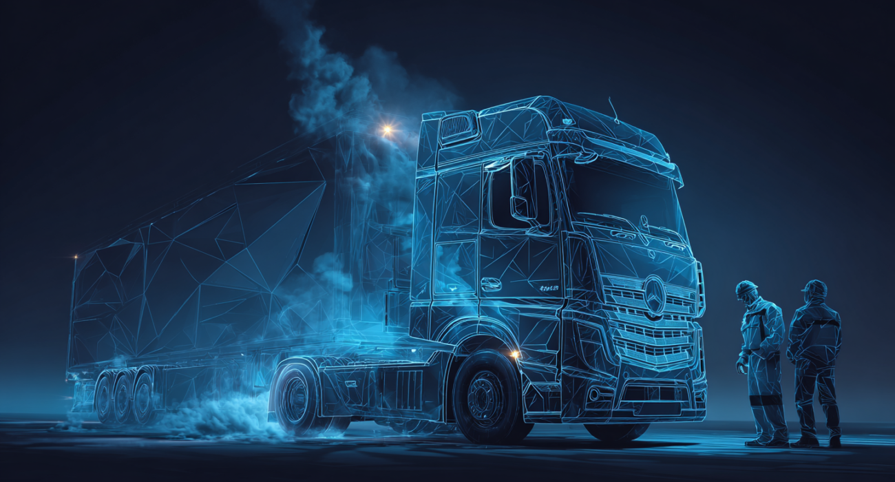 Holograficzna niebieska ilustracja europejskiej ciężarówki z awarią na trasie, z dwoma kierowcami stojącymi obok pojazdu i uniesionym dymem.