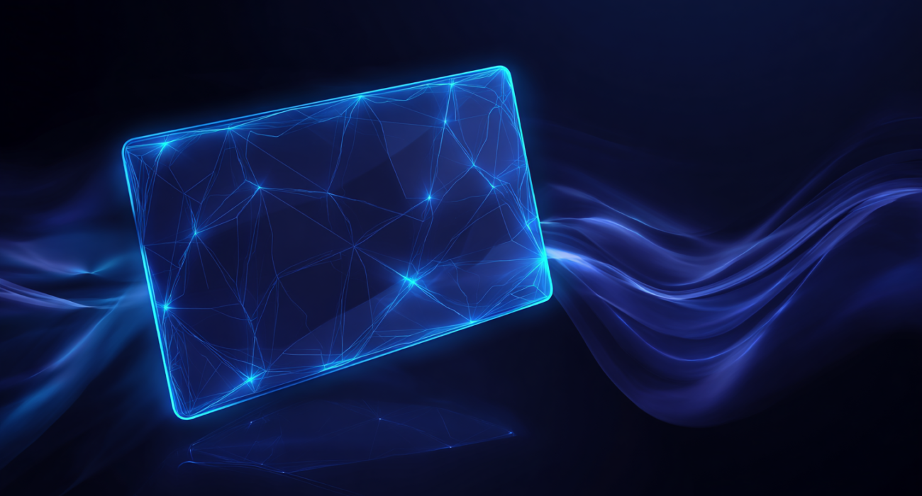 Futurystyczna niebieska ilustracja karty kierowcy w stylu holograficznym, z neonowymi liniami i abstrakcyjnym tłem.