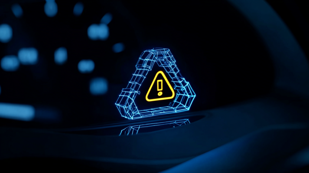 Holograficzny trójkąt ostrzegawczy w stylu niebieskiego wireframe z żółtym symbolem wykrzyknika na ciemnym tle.