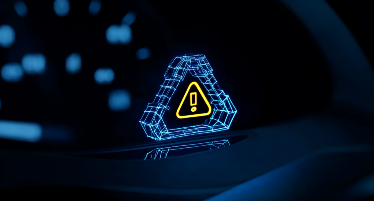 Holograficzny trójkąt ostrzegawczy w stylu niebieskiego wireframe z żółtym symbolem wykrzyknika na ciemnym tle.