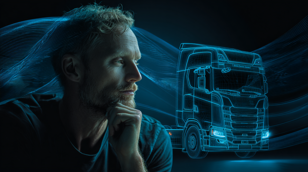 Zamyślona osoba w półprofile z niebieską holograficzną wizualizacją ciężarówki w tle, w stylu neonowego line-artu.