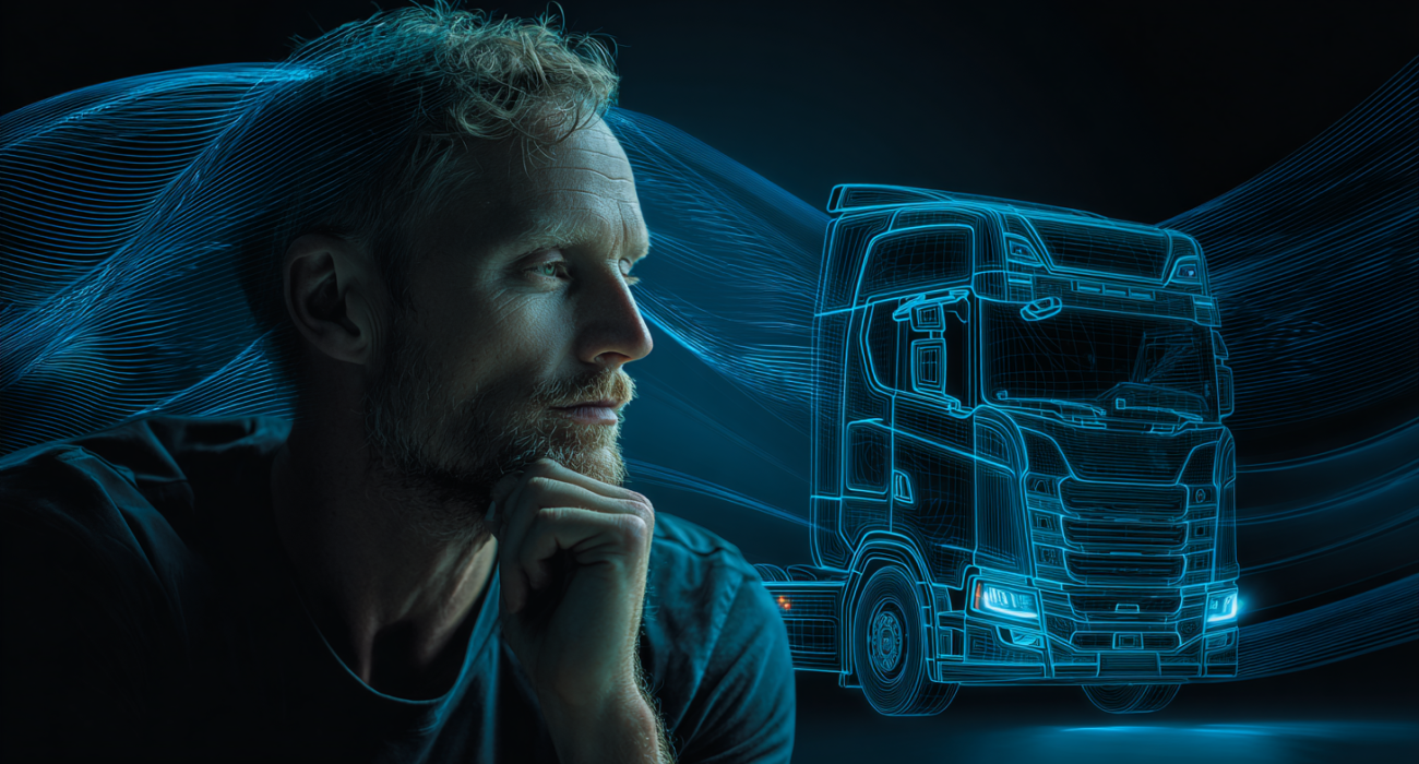 Zamyślona osoba w półprofile z niebieską holograficzną wizualizacją ciężarówki w tle, w stylu neonowego line-artu.