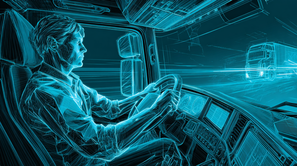 Holograficzna niebieska ilustracja kierowcy prowadzącego ciężarówkę wewnątrz kabiny, z futurystycznym neonowym line-artem i widokiem na drogę oraz mijającą ciężarówkę.