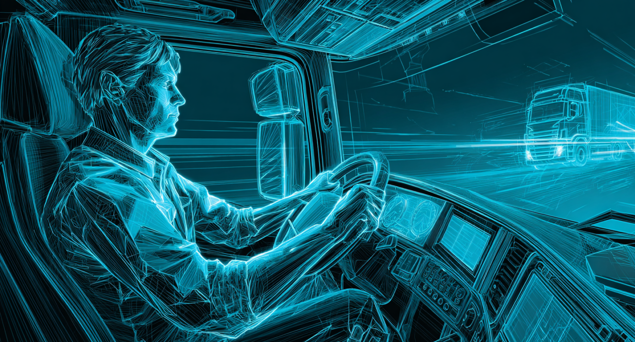 Holograficzna niebieska ilustracja kierowcy prowadzącego ciężarówkę wewnątrz kabiny, z futurystycznym neonowym line-artem i widokiem na drogę oraz mijającą ciężarówkę.