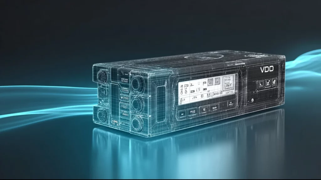 Futurystyczna ilustracja tachografu przedstawionego jako niebieski holograficzny wireframe na ciemnym tle.