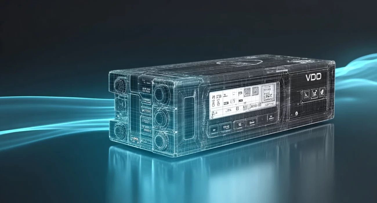 Futurystyczna ilustracja tachografu przedstawionego jako niebieski holograficzny wireframe na ciemnym tle.