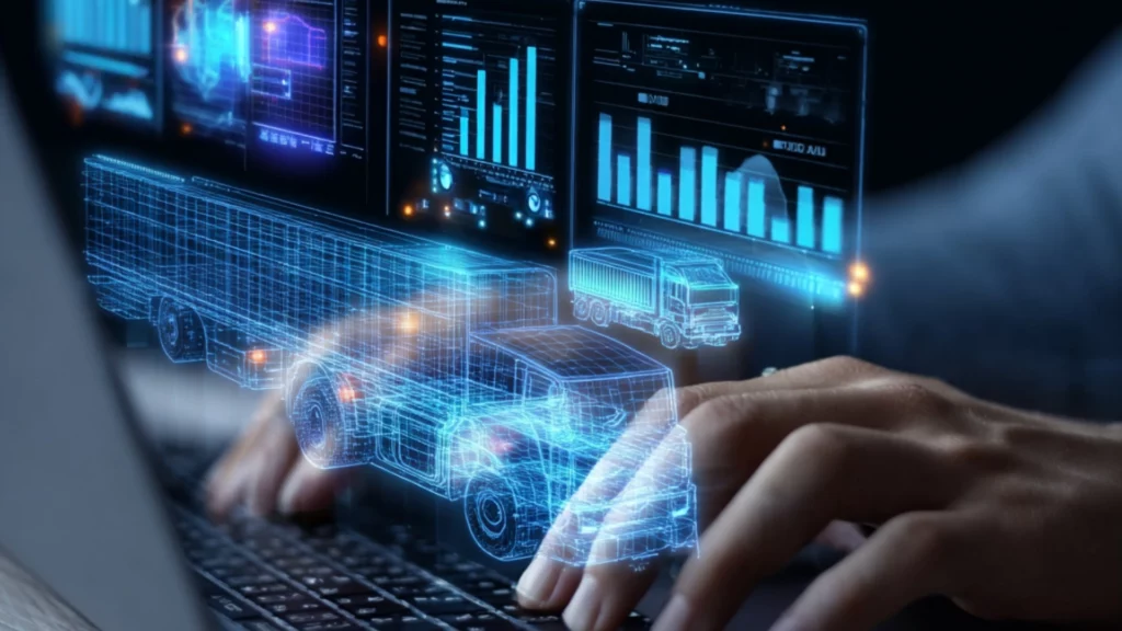 Ręce na klawiaturze oraz holograficzne niebieskie wizualizacje ciężarówki i paneli danych w futurystycznym stylu.