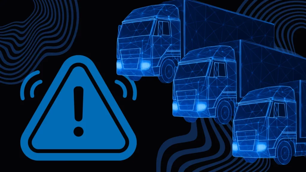 Grafika ostrzegawcza przedstawiająca ciężarówki i znak uwagi – wykroczenia i ryzyka w transporcie drogowym.