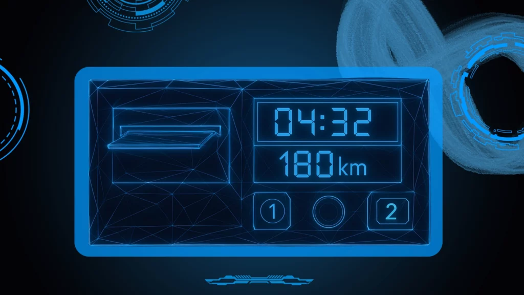 Nowoczesny tachograf cyfrowy pokazujący czas i przebieg w kilometrach – urządzenie monitorujące pracę kierowcy ciężarówki.