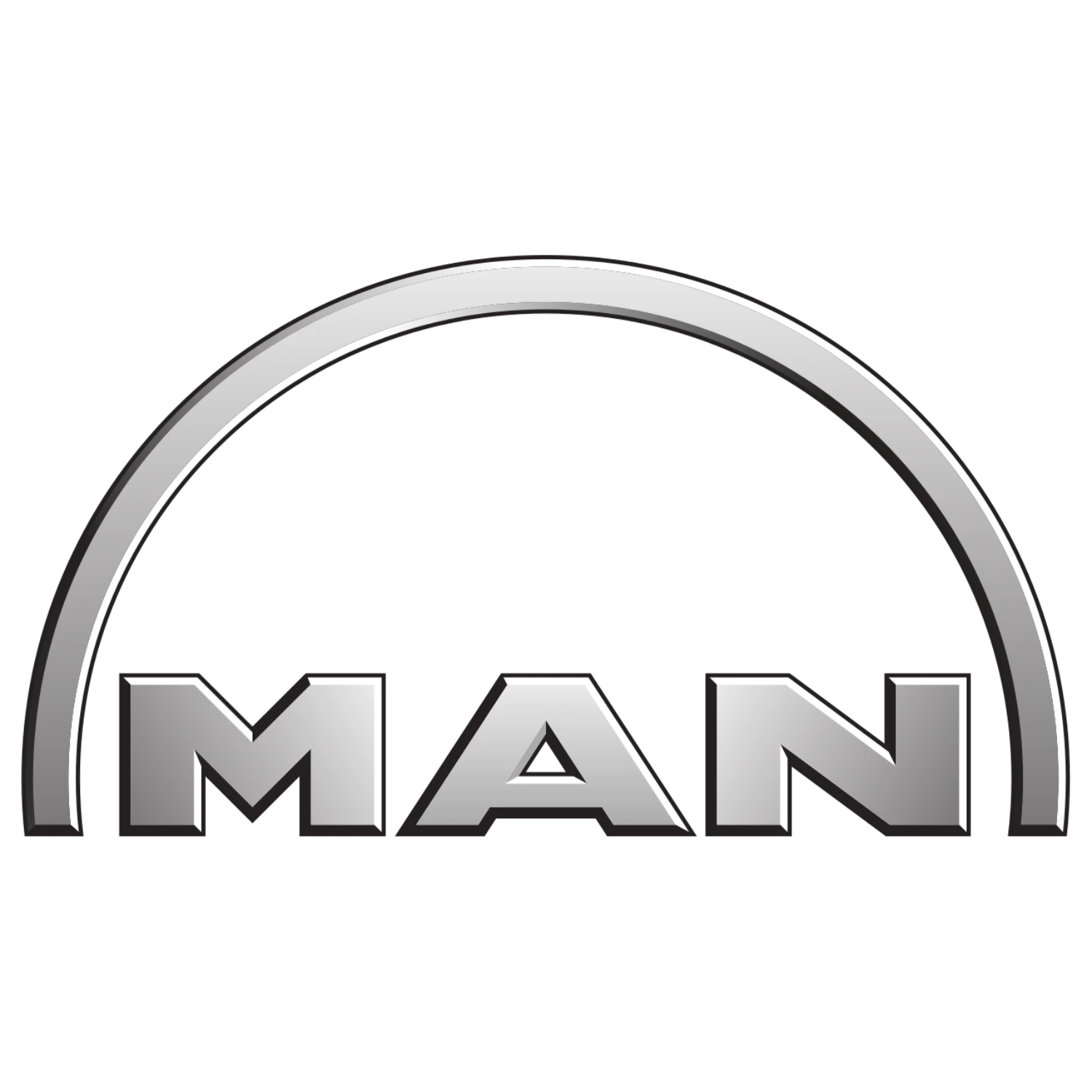 Logo producenta ciężarówek MAN w srebrnym kolorze z charakterystycznym łukiem nad napisem.