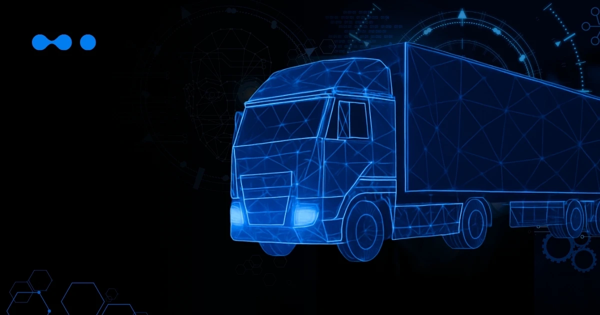 Grafika z niebieskimi znacznikami GPS przedstawiająca śledzenie floty ciężarowej w systemie ecoTRUCK.