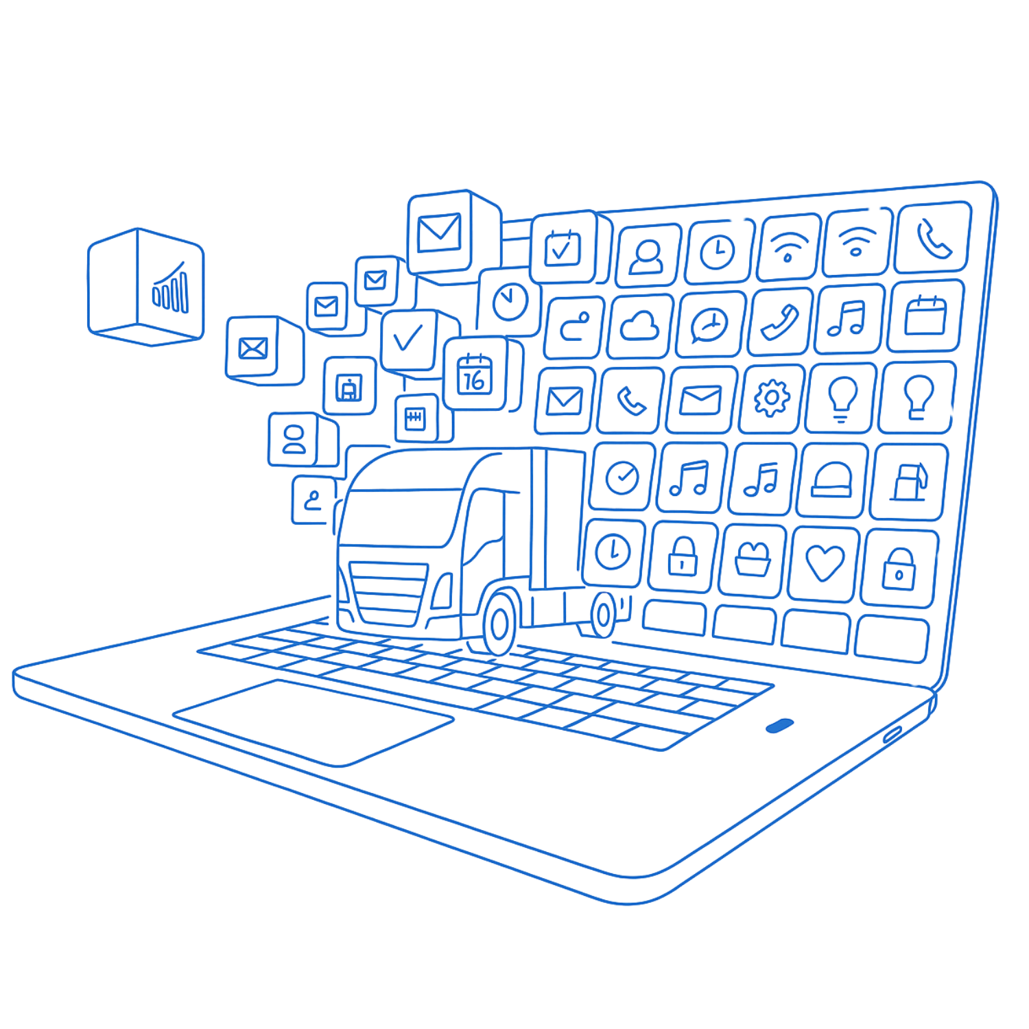 Grafika przedstawiająca ciężarówkę wyjeżdżającą z laptopa, symbolizująca cyfrowy transport i logistykę online.