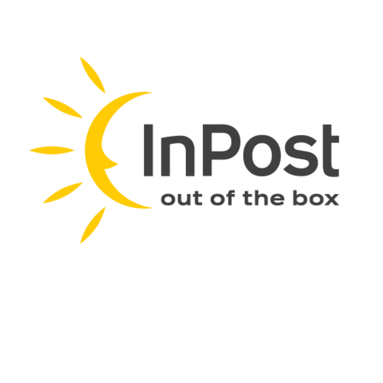 Logo firmy InPost w kolorach żółtym i szarym, z motywem słońca, symbolizujące usługi kurierskie i paczkomaty.