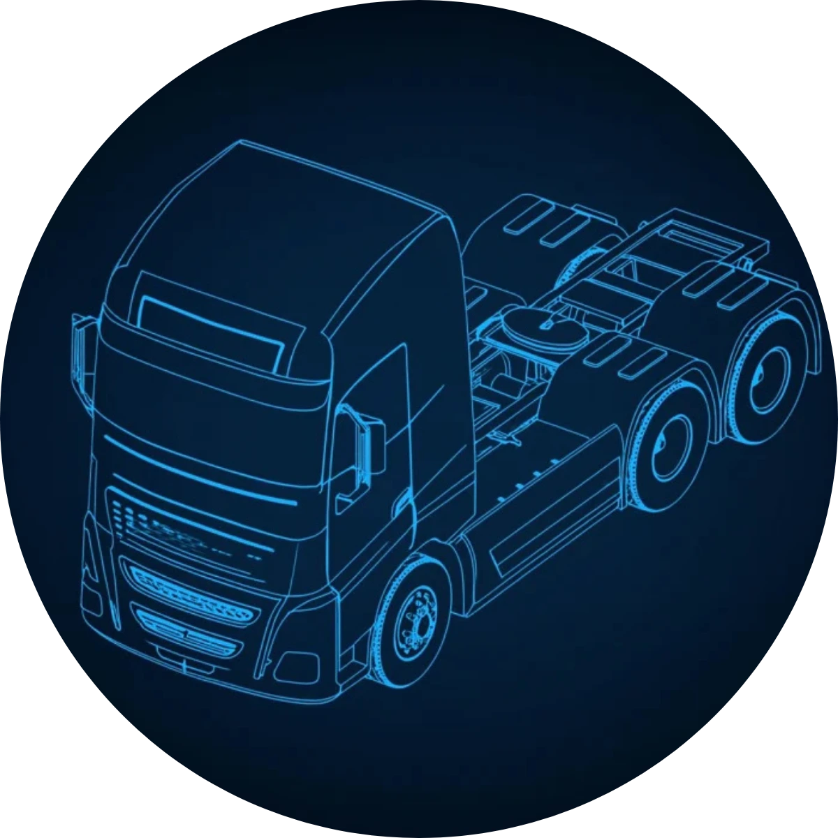Niebieski schemat techniczny ciężarówki na ciemnym tle, symbolizujący innowacyjne rozwiązania technologiczne ecoTRUCK w transporcie.