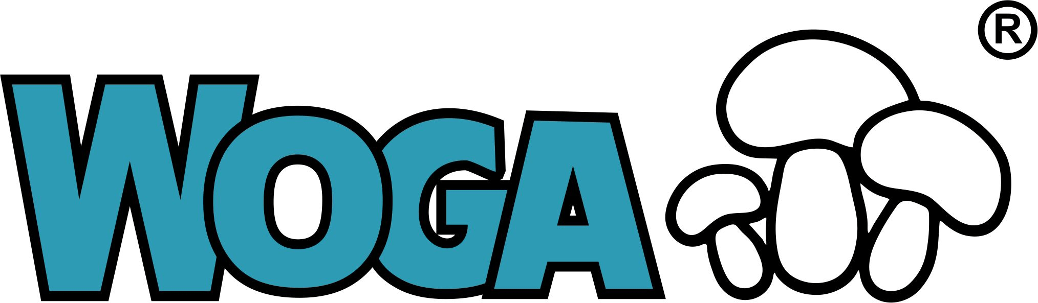Niebieskie logo Woga Wolsztyn z dorysowanymi grzybami obok.