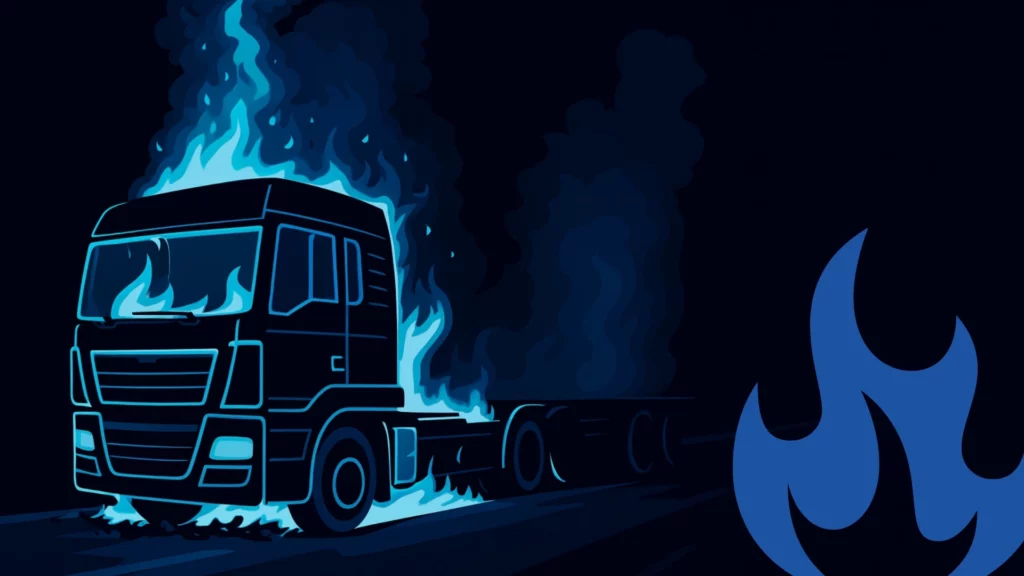 Ilustracja ciężarówki w stylu cyberpunk, płonącej niebieskim ogniem na ciemnym tle.