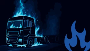 Ilustracja ciężarówki w stylu cyberpunk, płonącej niebieskim ogniem na ciemnym tle.