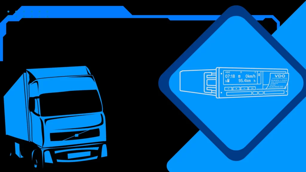 Niebieska grafika ciężarówka a bok niej wyróżniony w kwadracie jest tachograf G2V2. Nawiązuje to do przepisów Pakietu Mobilności, który wszedł w życie 19.08.2025r.