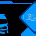 Niebieska grafika ciężarówka a bok niej wyróżniony w kwadracie jest tachograf G2V2. Nawiązuje to do przepisów Pakietu Mobilności, który wszedł w życie 19.08.2025r.