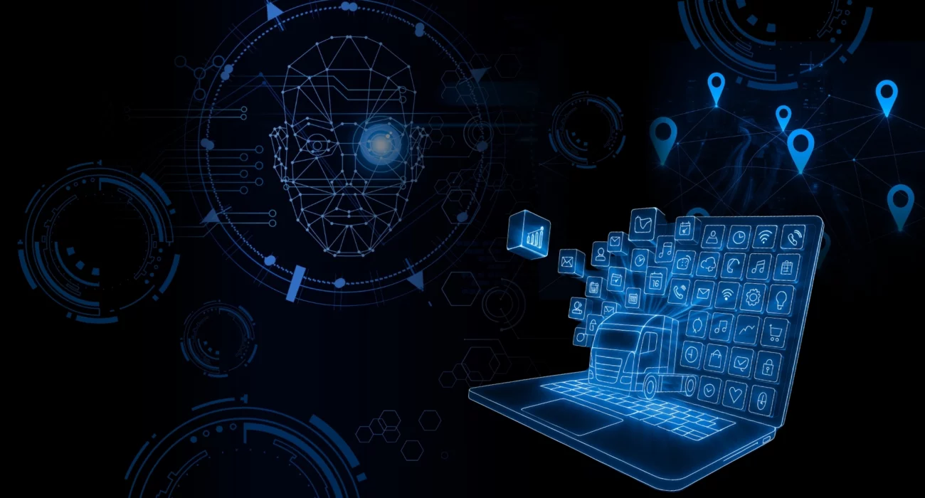 Grafika przedstawiająca koncepcję telematyki w transporcie: laptop z ikonami, ciężarówka, sieć GPS i analiza danych – symbol nowoczesnego zarządzania flotą pojazdów.