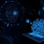 Grafika przedstawiająca koncepcję telematyki w transporcie: laptop z ikonami, ciężarówka, sieć GPS i analiza danych – symbol nowoczesnego zarządzania flotą pojazdów.