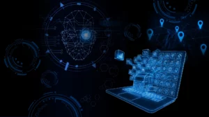 Grafika przedstawiająca koncepcję telematyki w transporcie: laptop z ikonami, ciężarówka, sieć GPS i analiza danych – symbol nowoczesnego zarządzania flotą pojazdów.