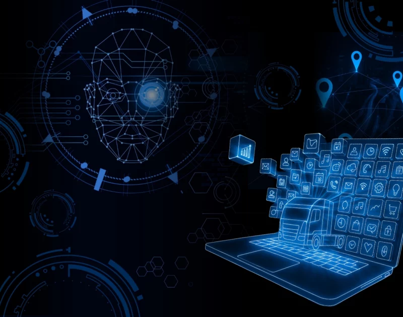 Grafika przedstawiająca koncepcję telematyki w transporcie: laptop z ikonami, ciężarówka, sieć GPS i analiza danych – symbol nowoczesnego zarządzania flotą pojazdów.