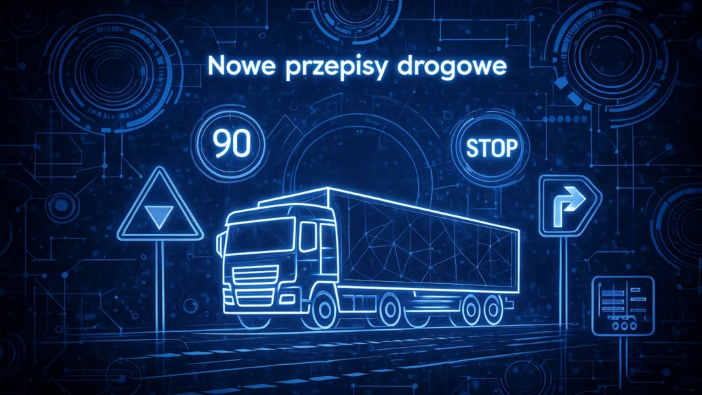 Ilustracja przedstawiająca ciężarówkę oraz symbole drogowe w stylu futurystycznym z napisem „Nowe przepisy drogowe”, nawiązująca do zmian w prawie ruchu drogowego.