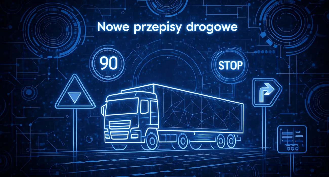 Ilustracja przedstawiająca ciężarówkę oraz symbole drogowe w stylu futurystycznym z napisem „Nowe przepisy drogowe”, nawiązująca do zmian w prawie ruchu drogowego.