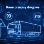 Ilustracja przedstawiająca ciężarówkę oraz symbole drogowe w stylu futurystycznym z napisem „Nowe przepisy drogowe”, nawiązująca do zmian w prawie ruchu drogowego.