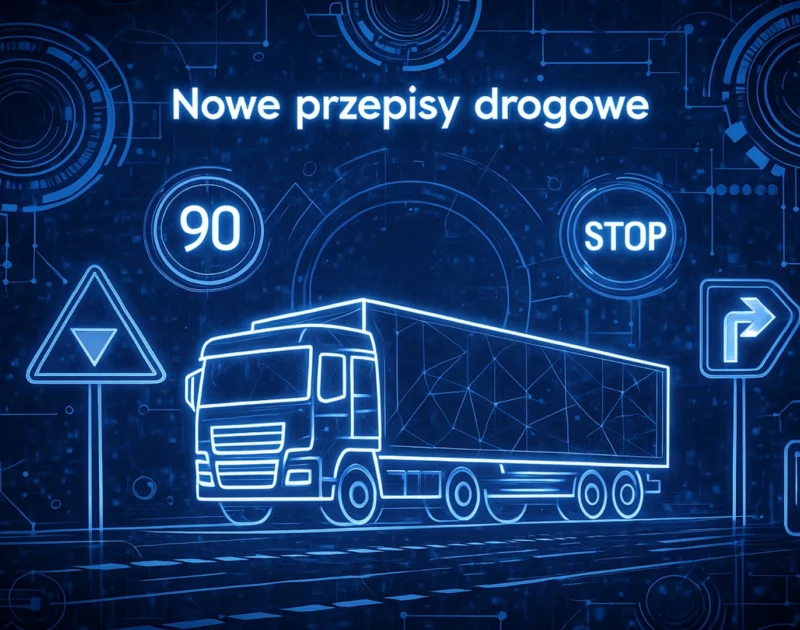Ilustracja przedstawiająca ciężarówkę oraz symbole drogowe w stylu futurystycznym z napisem „Nowe przepisy drogowe”, nawiązująca do zmian w prawie ruchu drogowego.