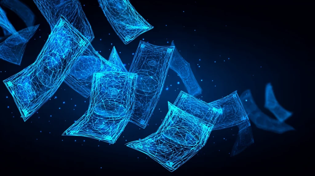 Nie-realistyczne, futurystyczne banknoty przedstawione jako niebieski holograficzny wireframe na ciemnym tle.