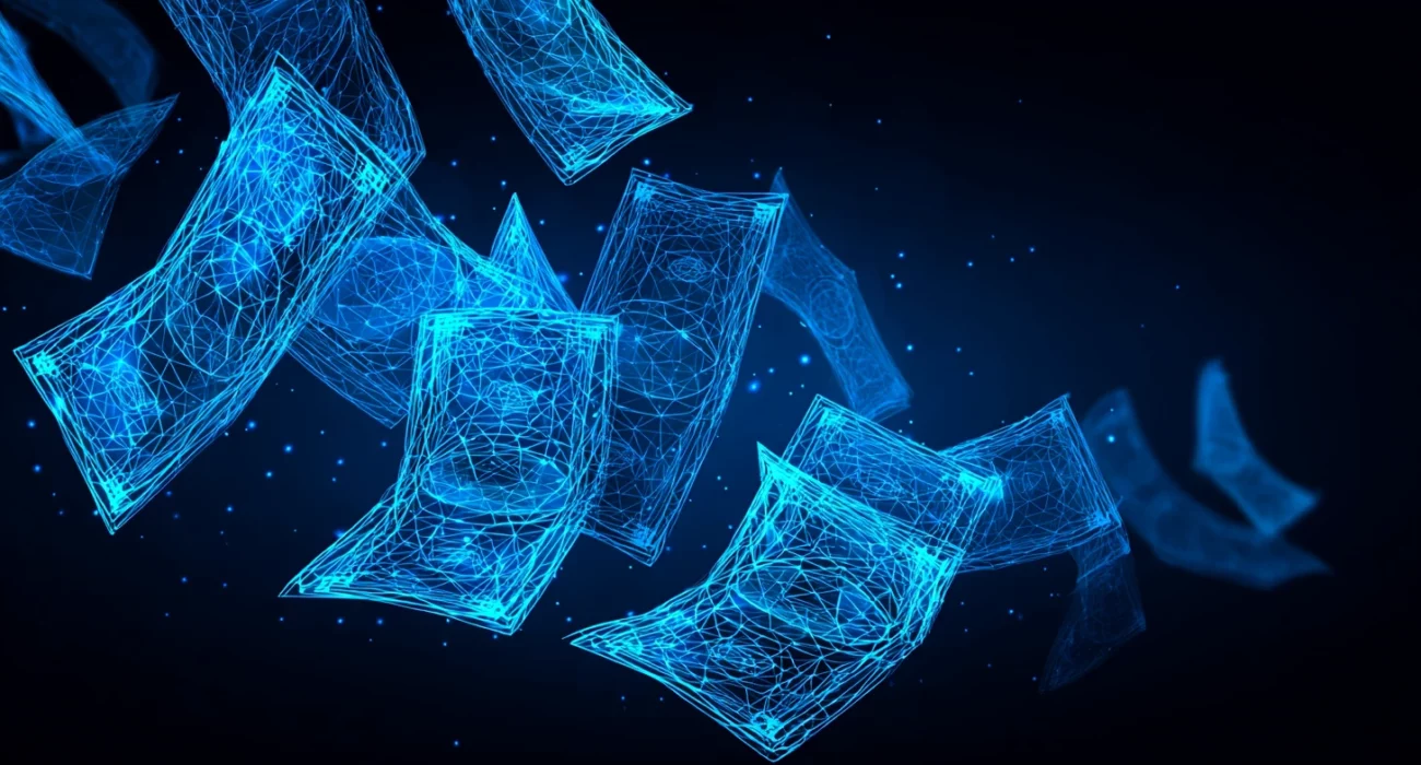 Nie-realistyczne, futurystyczne banknoty przedstawione jako niebieski holograficzny wireframe na ciemnym tle.