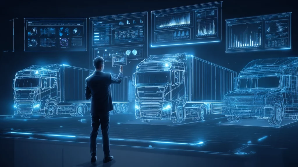Osoba analizująca holograficzne panele danych floty z ciężarówkami w stylu neonowego wireframe.
