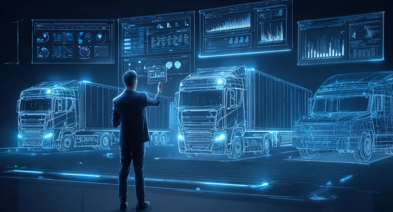 Osoba analizująca holograficzne panele danych floty z ciężarówkami w stylu neonowego wireframe.