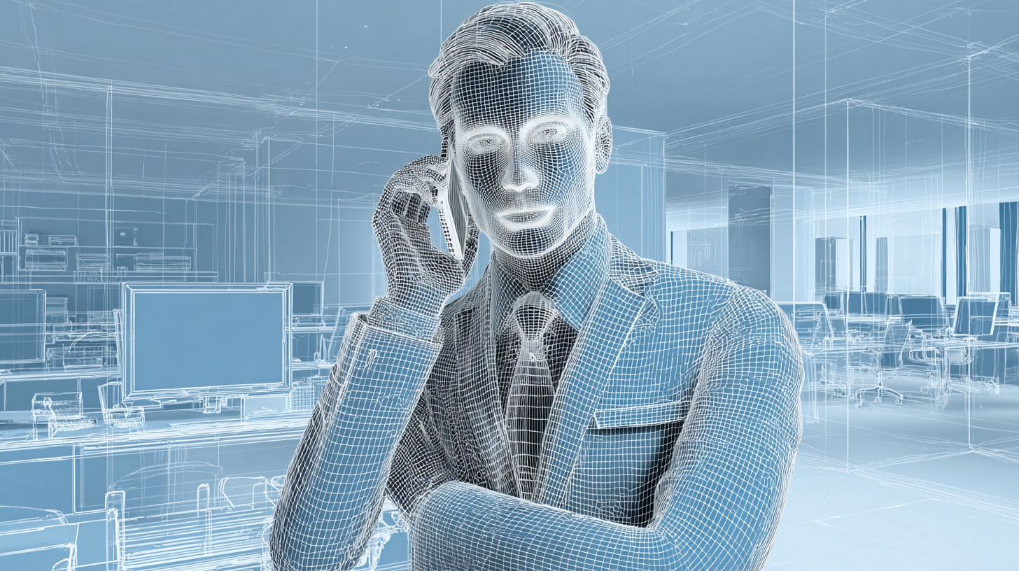 Futurystyczna wizualizacja cyfrowej postaci menedżera rozmawiającego przez telefon w nowoczesnym biurze, symbolizująca zaawansowane technologie i cyfrowe zarządzanie flotą.