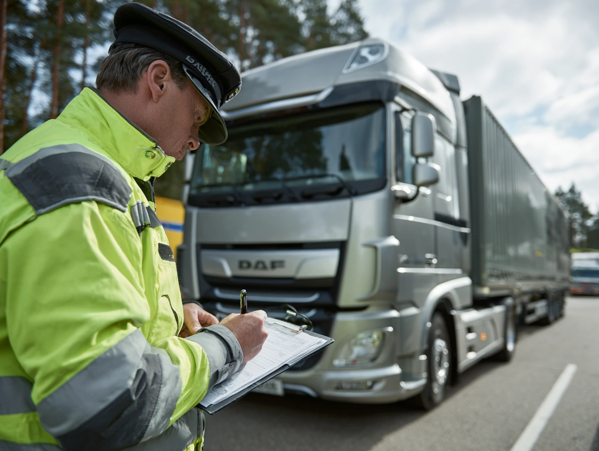 Inspektor drogowy sporządzający dokumentację podczas kontroli pojazdu ciężarowego stojącego na poboczu drogi.