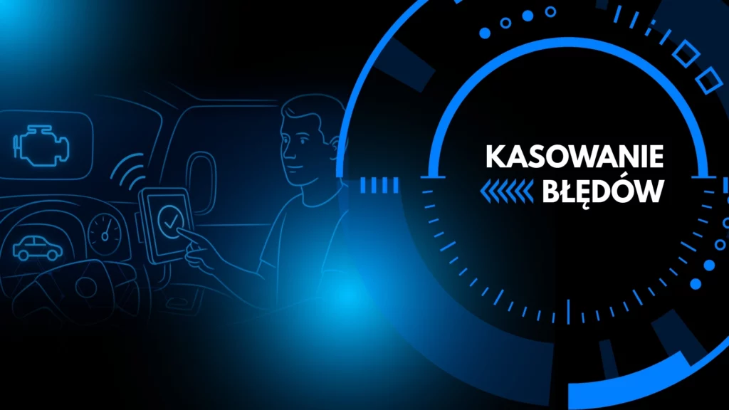 Grafika przedstawiająca proces zdalnego kasowania błędów w pojeździe za pomocą systemu telematycznego. Ilustracja w futurystycznym stylu podkreśla wygodę, szybkość i nowoczesność zdalnej diagnostyki, umożliwiającej kierowcy natychmiastową reakcję na usterki.