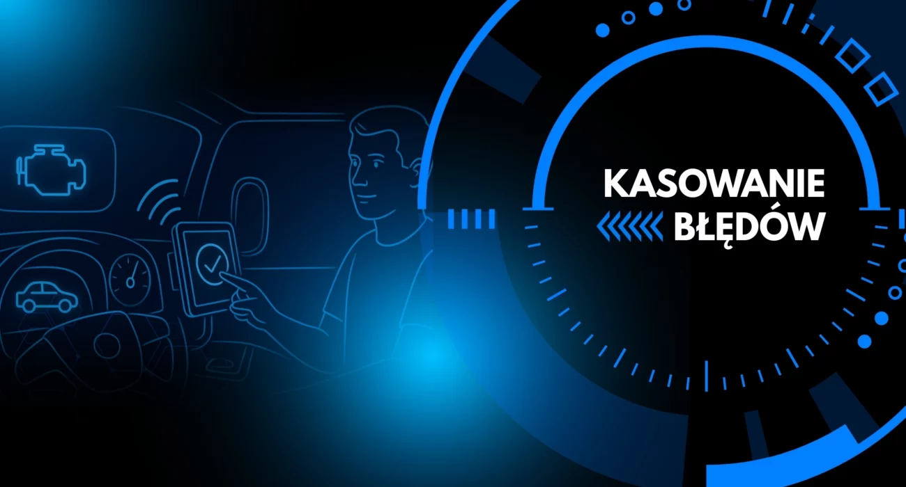 Grafika przedstawiająca proces zdalnego kasowania błędów w pojeździe za pomocą systemu telematycznego. Ilustracja w futurystycznym stylu podkreśla wygodę, szybkość i nowoczesność zdalnej diagnostyki, umożliwiającej kierowcy natychmiastową reakcję na usterki.