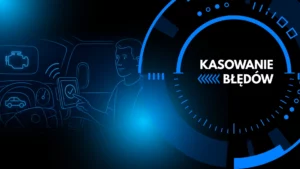 Grafika przedstawiająca proces zdalnego kasowania błędów w pojeździe za pomocą systemu telematycznego. Ilustracja w futurystycznym stylu podkreśla wygodę, szybkość i nowoczesność zdalnej diagnostyki, umożliwiającej kierowcy natychmiastową reakcję na usterki.