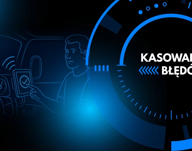 Grafika przedstawiająca proces zdalnego kasowania błędów w pojeździe za pomocą systemu telematycznego. Ilustracja w futurystycznym stylu podkreśla wygodę, szybkość i nowoczesność zdalnej diagnostyki, umożliwiającej kierowcy natychmiastową reakcję na usterki.