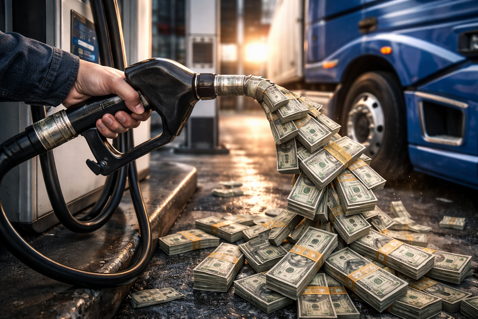 Pistolet do tankowania ciężarówki, z którego zamiast paliwa wypływają banknoty symbolizujące wysokie koszty paliwa w transporcie drogowym.