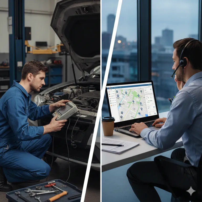 Grafika porównawcza pokazująca mechanika diagnozującego samochód w warsztacie oraz specjalistę monitorującego pojazd zdalnie na mapie w systemie ecoTRUCK.
